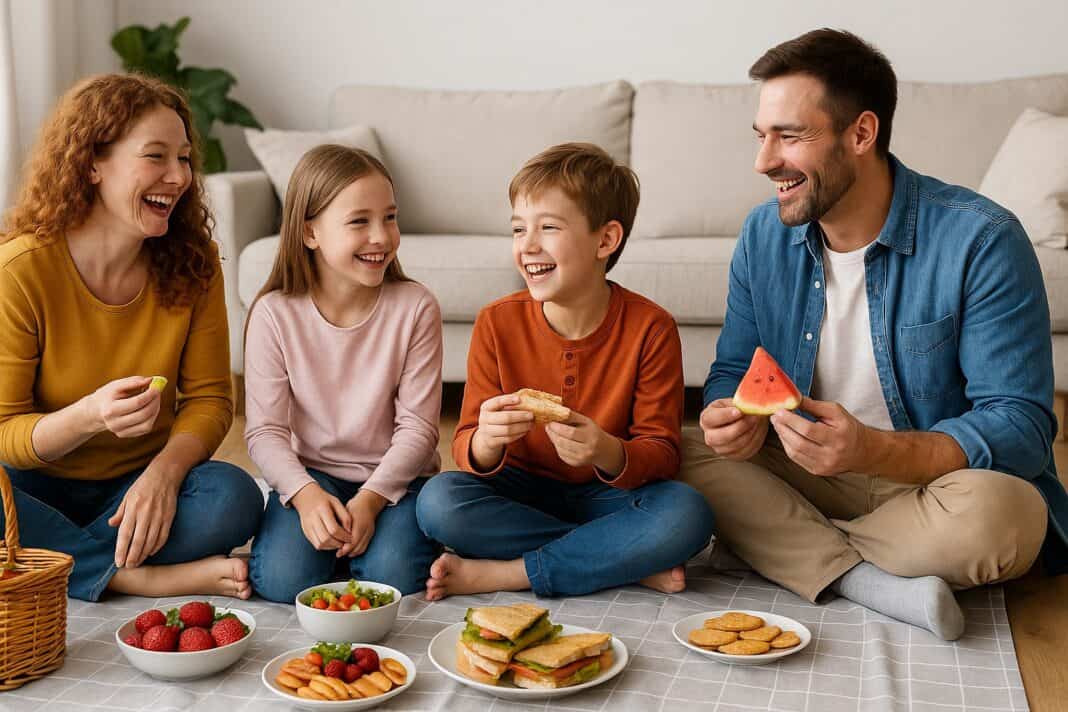 Familienzeit ganz ohne Bildschirm – ein Picknick voller Lachen, Snacks und Nähe im eigenen Wohnzimmer.