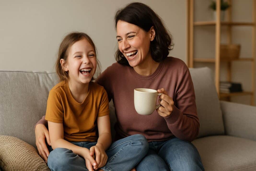 Lachen tankt auf – eine kleine Auszeit auf dem Sofa mit Tee und Kuscheleinheit
