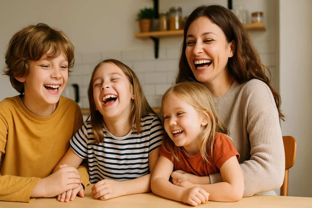 Eine fröhliche Mutter verbringt lachend Zeit mit ihren drei Kindern am Küchentisch.