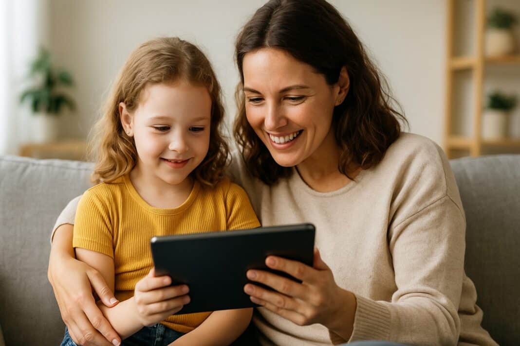 Gemeinsam digital – eine Mutter zeigt ihrer Tochter etwas auf dem Tablet und beide lachen dabei herzlich auf dem Sofa.