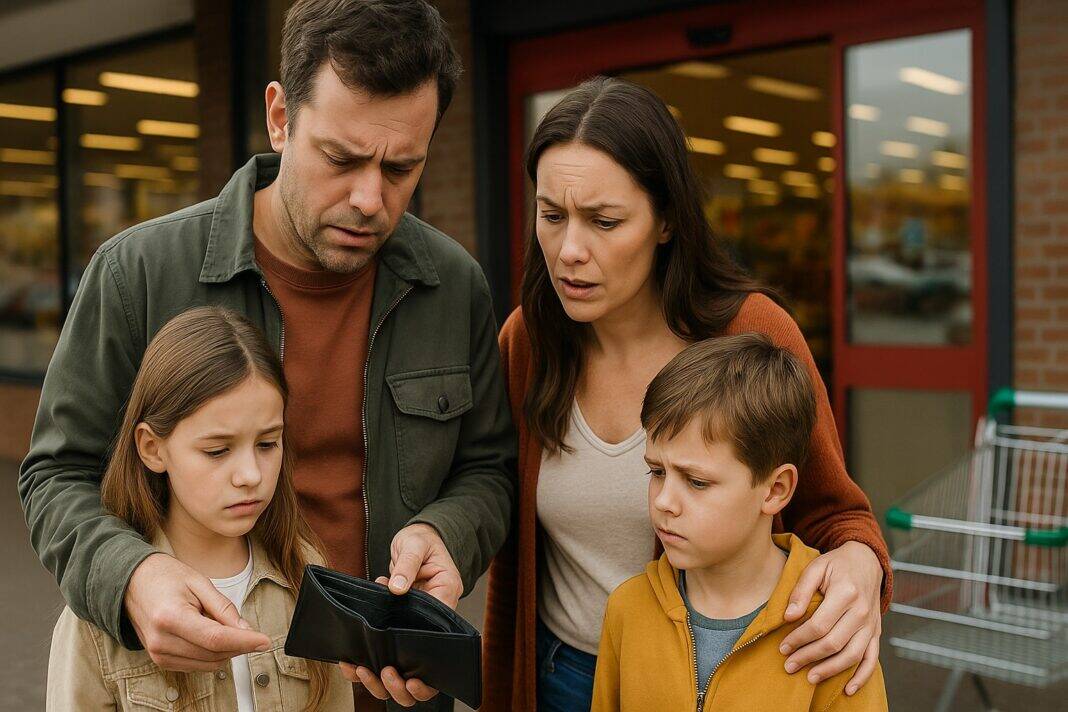 Familie vor dem Supermarkt – gemeinsamer Blick in den fast leeren Geldbeutel.