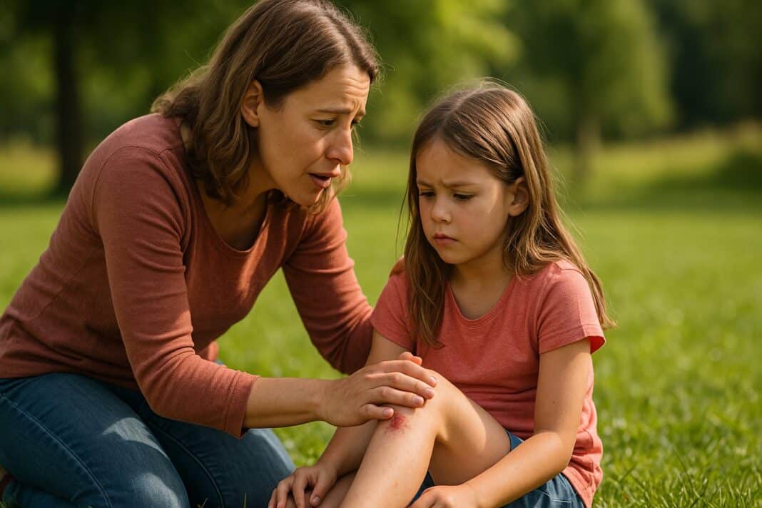 Eine Mutter kniet im Gras und tröstet ihr verletztes Kind liebevoll.