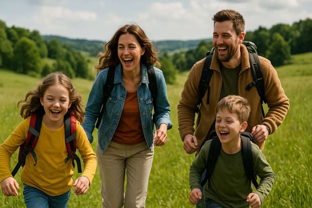 Glück pur: Familienwanderung durch grüne Weite mit viel Gelächter im Gepäck