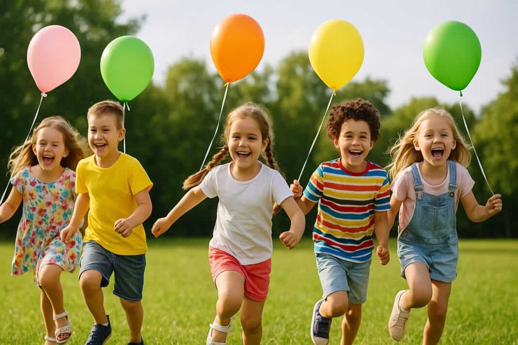 Geburtstagsfreude pur: Kinder rennen lachend mit bunten Luftballons über die Wiese