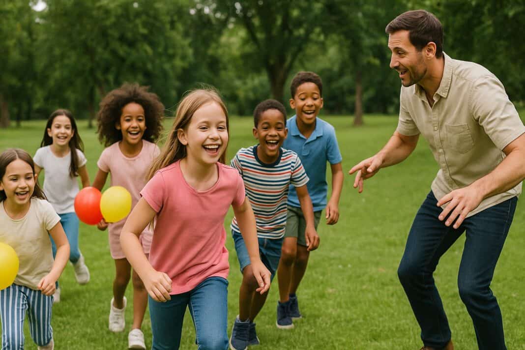 Geburtstagsspaß im Grünen: Kinder rennen lachend durch den Park, während ein Erwachsener ein Spiel erklärt