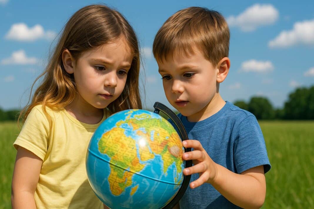 Zwei Kinder entdecken neugierig den Globus – Klimawandel beginnt mit Fragen.