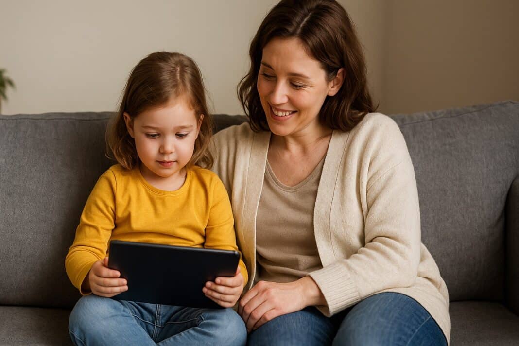 Ein Vorschulkind sitzt konzentriert mit einem Tablet auf dem Schoß auf dem Sofa, während die Mutter liebevoll und aufmerksam daneben sitzt.