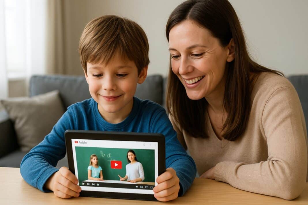 Ein Junge sitzt mit einem Tablet am Tisch, seine Mutter schaut lächelnd mit ihm ein Lernvideo auf YouTube – beide sind konzentriert und wirken begeistert.