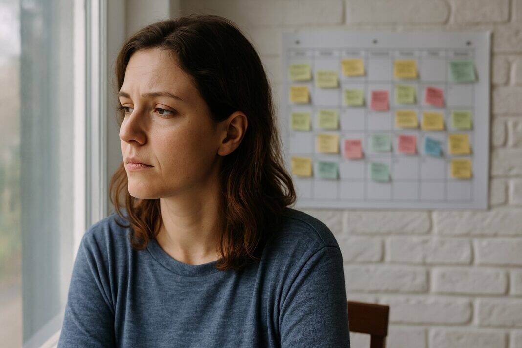 Eine Frau lässt den Blick schweifen, während hinter ihr ein voller Terminkalender an der Wand hängt – Sinnbild für den stillen Druck im Kopf.