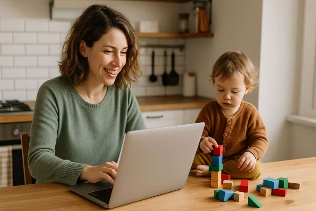 Multitasking mit Herz – Mama arbeitet, während das Kind fröhlich baut