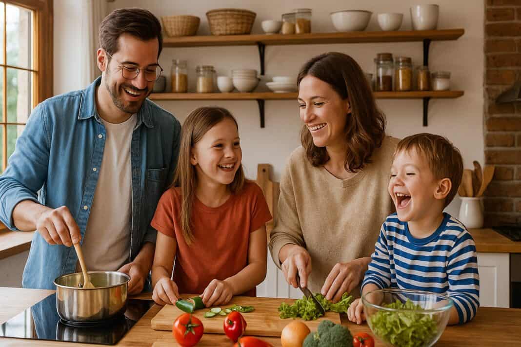 Kochen mit Herz: Eine Familie zaubert gemeinsam ein Abendessen in ihrer Ferienküche