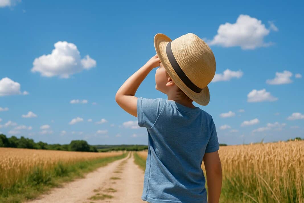 Ein Kind mit Sonnenhut blickt neugierig in den Himmel – Sommerhitze kindgerecht erklärt.