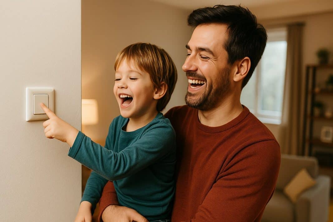 Licht aus mit Spaß – Papa und Sohn beim Stromsparen im Wohnzimmer