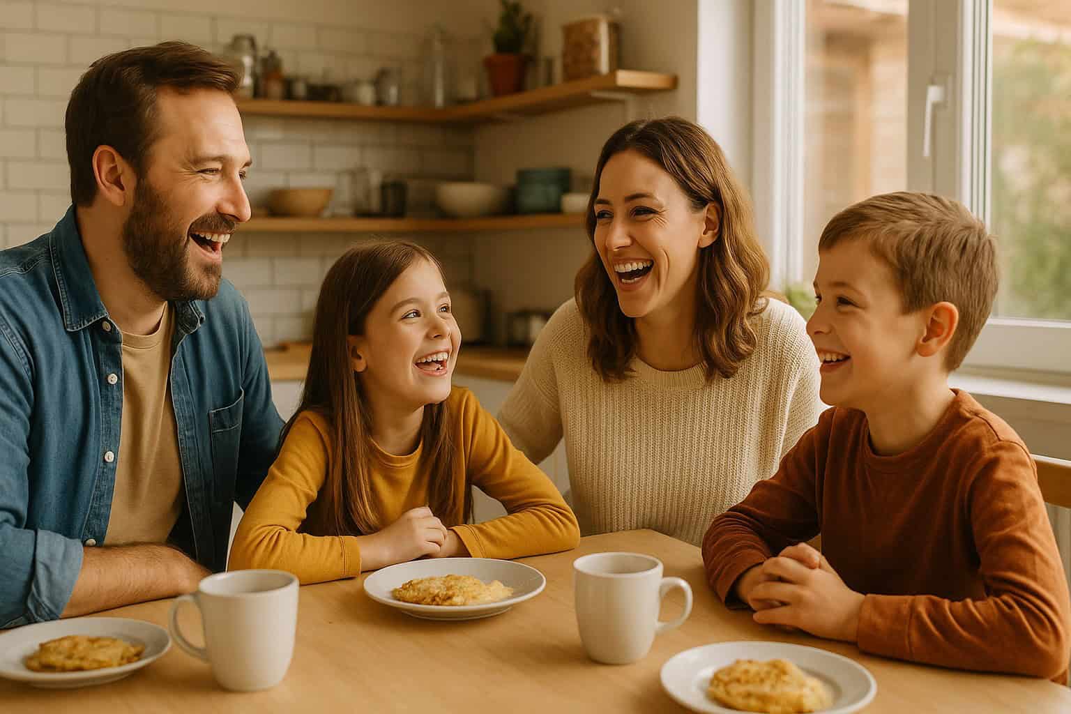 Eine fröhliche Familie am Küchentisch – Alltag, wie er wirklich ist.