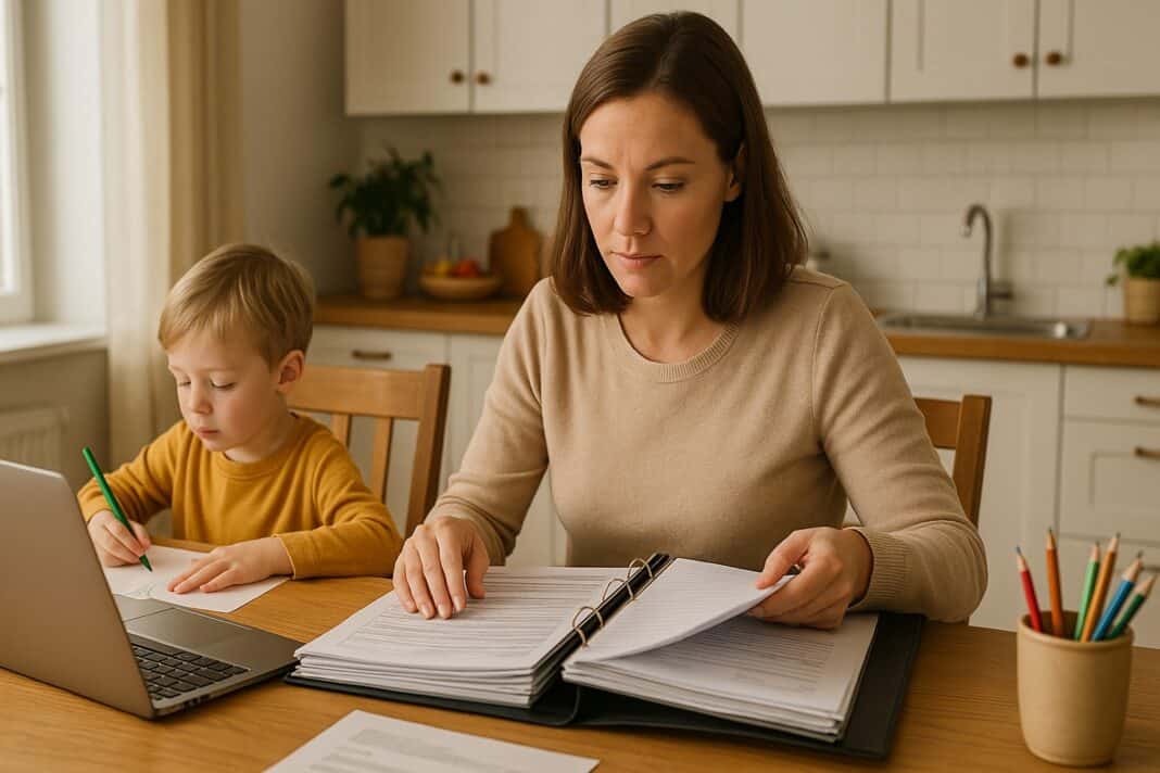 Familienorga mit System – Mama checkt Verträge, Kind malt entspannt daneben