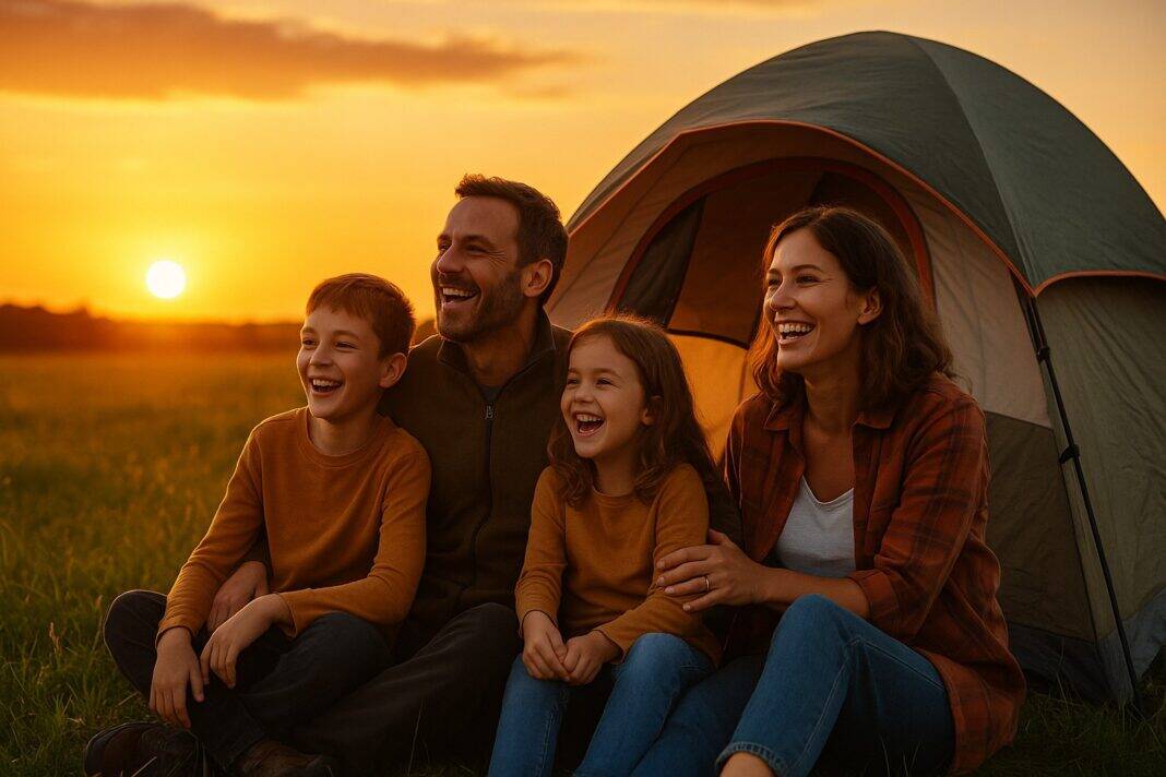 Lachen unterm Abendhimmel – Familienglück vor dem Zelt im Sonnenuntergang