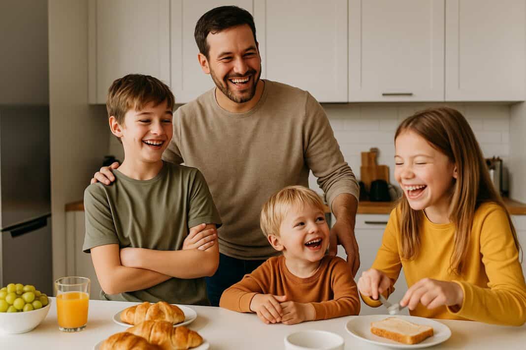 Ein Vater lacht mit seinen drei Kindern beim gemeinsamen Frühstück in der Küche – ein echtes Morgenchaos mit Herz.