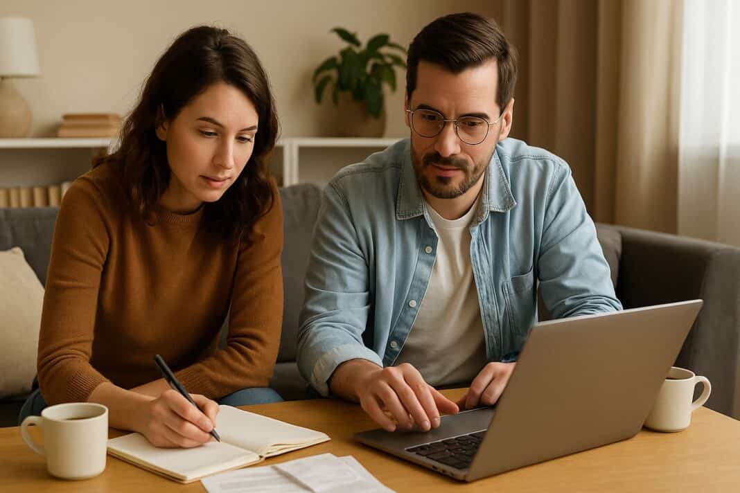 Gemeinsam planen – ein Paar beim entspannten Monatsbudget-Check mit Laptop, Kaffee und Notizen.