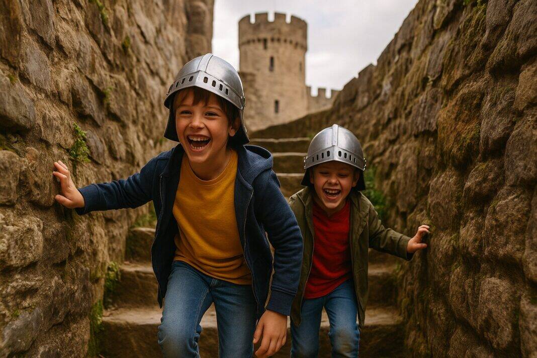 Lachend wie echte Ritter: Zwei Kinder erobern spielend eine Burgtreppe