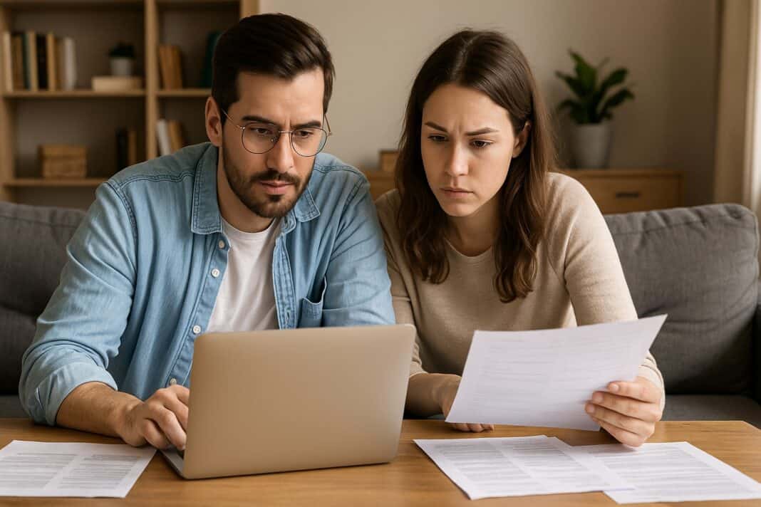 Konzentriert planen statt Geld verschenken – Elternpaar rechnet gemeinsam am Laptop ihr Elterngeld durch.